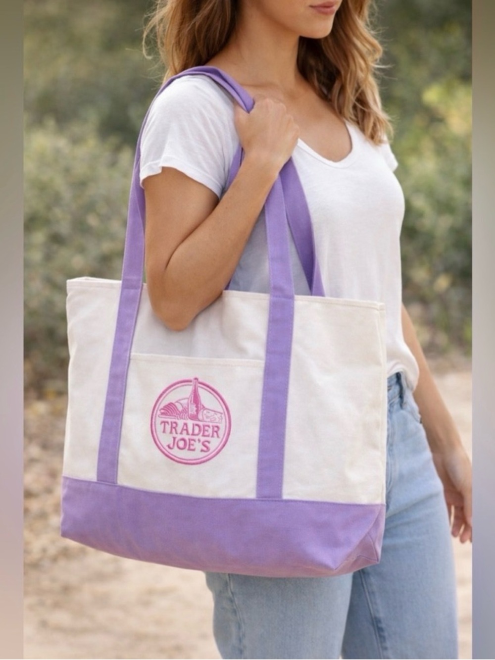 NWT Traders Joe’s Cream and Lavender Canvas Tote Bag